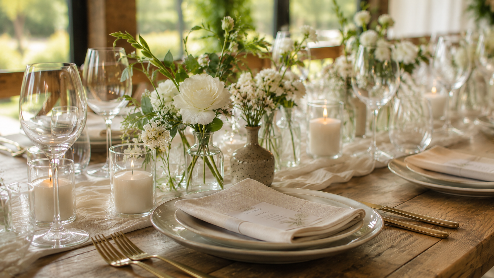 Elegant event tablescape with white florals, lit candles, and gold cutlery on a rustic wooden table