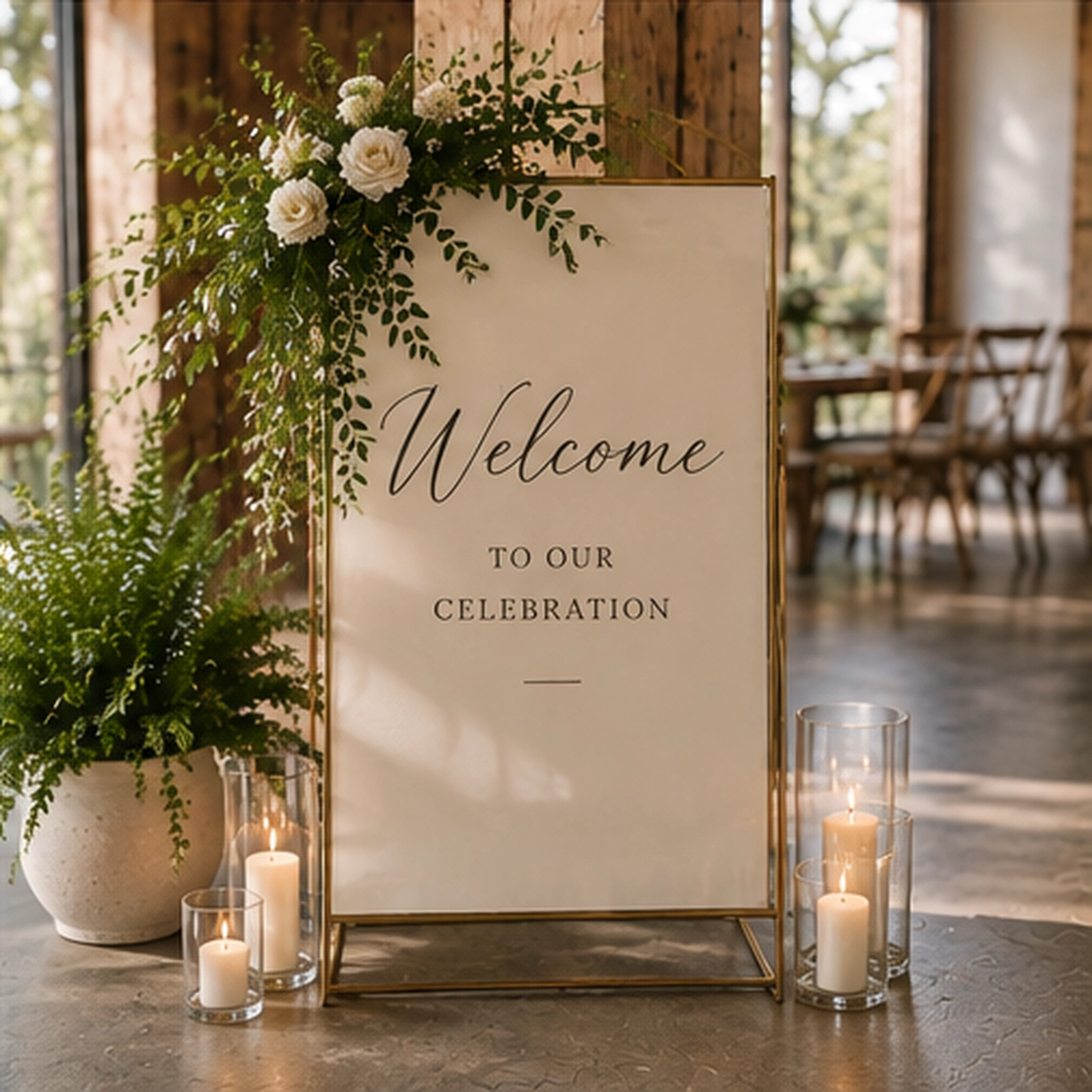 Gold-framed welcome sign with floral accent and candles at a celebration entrance