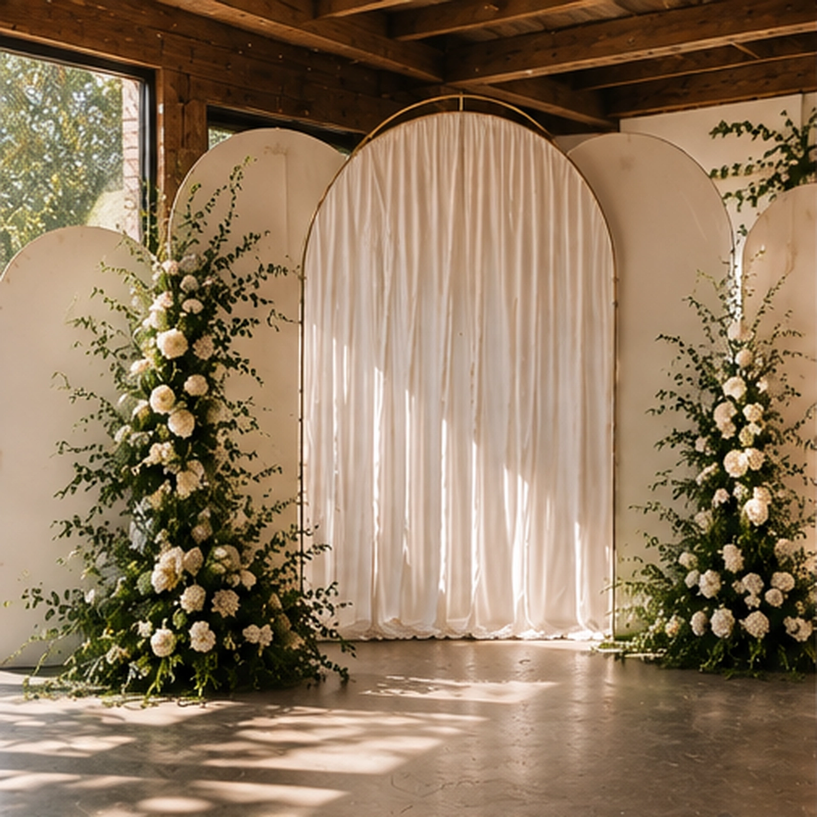 Draped arch backdrop with white floral and greenery installations
