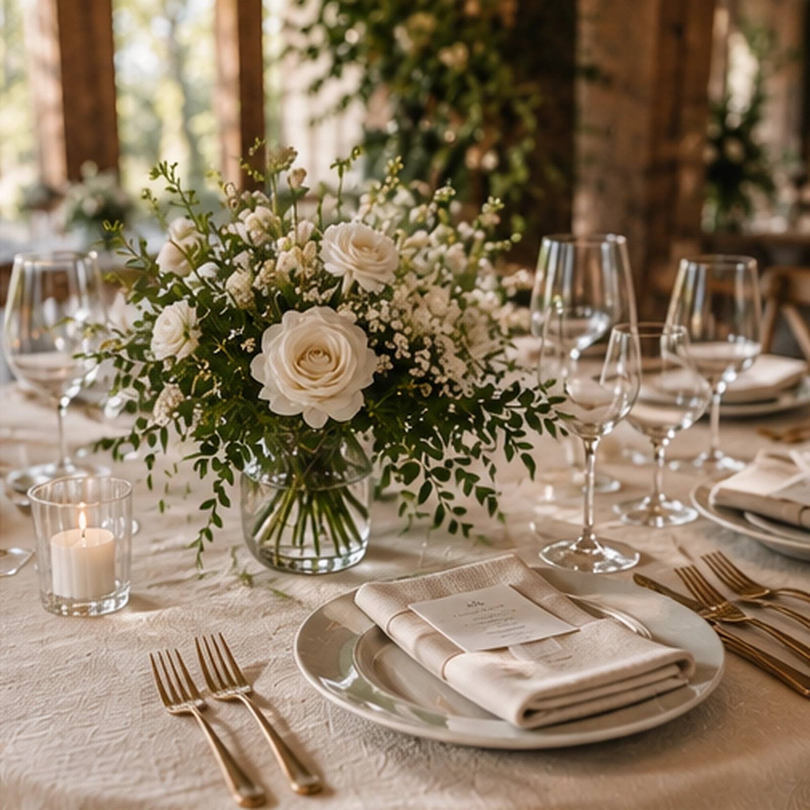 Textured linen tablecloth with folded napkin, gold flatware and glassware