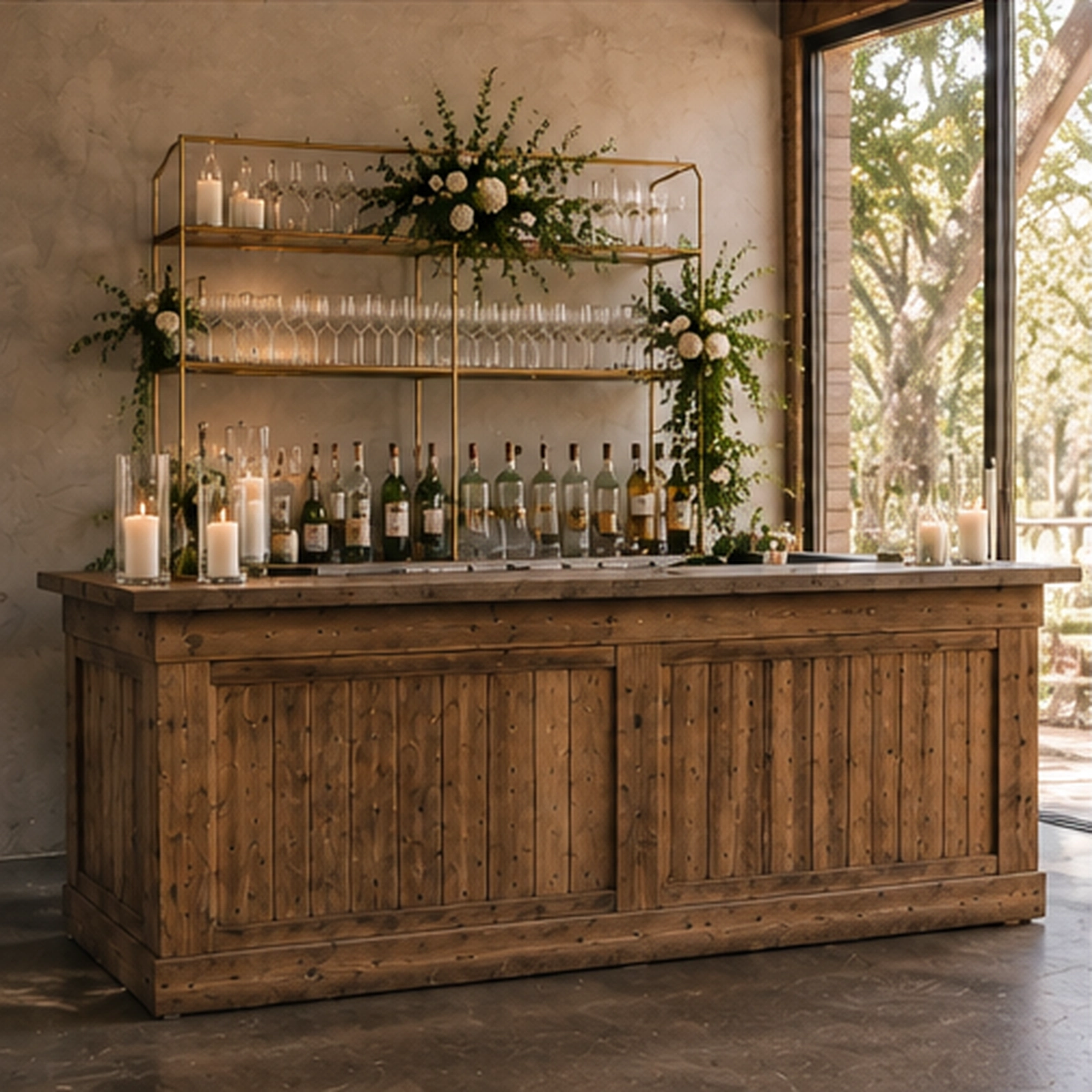 Rustic wood event bar with brass glassware shelving, candles and greenery